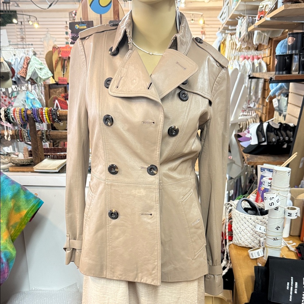 Burberry Women's Tan Double-Breasted Leather Jacket